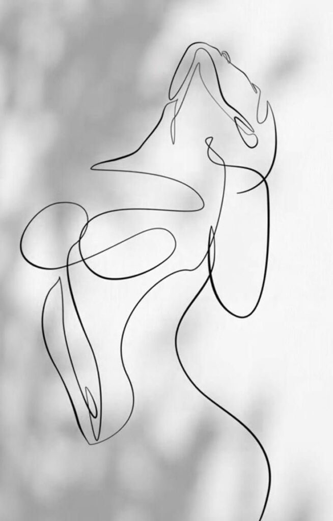 Abstract line art depicting an elegant, flowing silhouette against a soft, blurred background.
