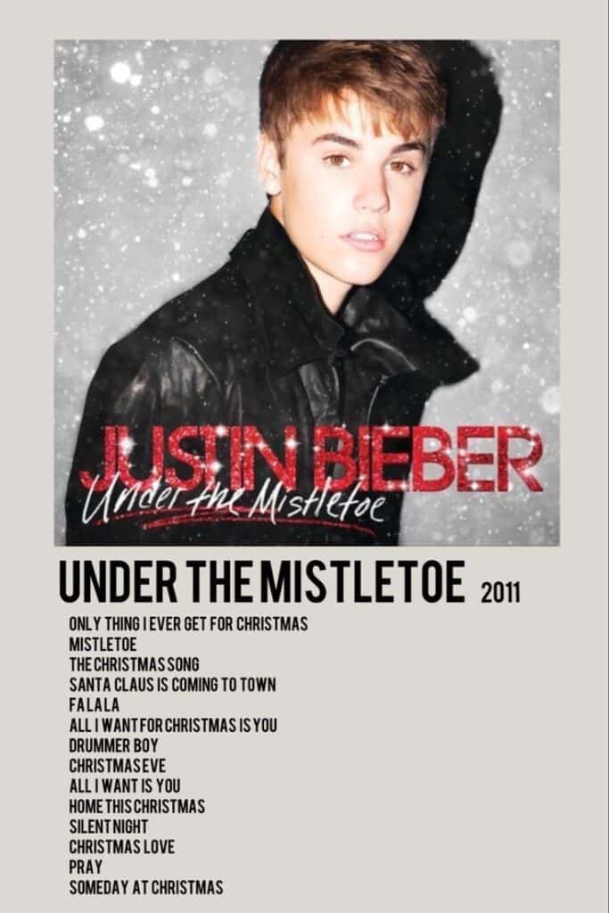 Album cover for Under the Mistletoe featuring a person in a black jacket with a festive snowy background.