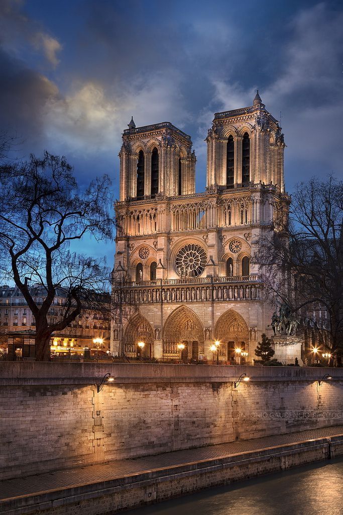 Notre-Dame Cathedral illuminated at dusk, showcasing Gothic architecture and river reflections in Paris, France.