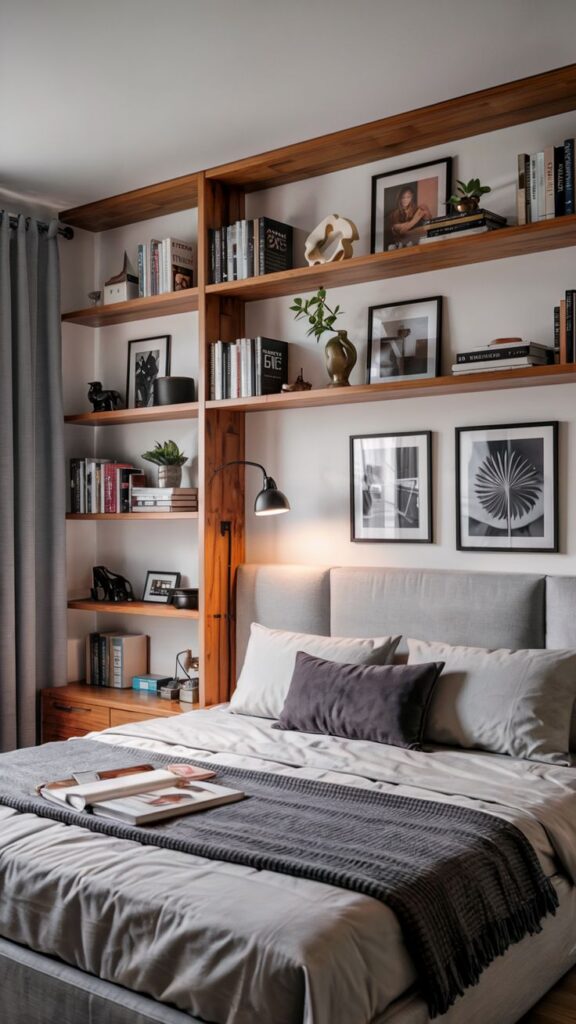 e17c4ece5b0f1432bcbc0fa8eb4444c4 Modern bedroom with wooden bookshelf, cozy bed, and soft lighting for a stylish, inviting atmosphere. | Sky Rye Design Modern bedroom with wooden bookshelf, cozy bed, and soft lighting for a stylish, inviting atmosphere.