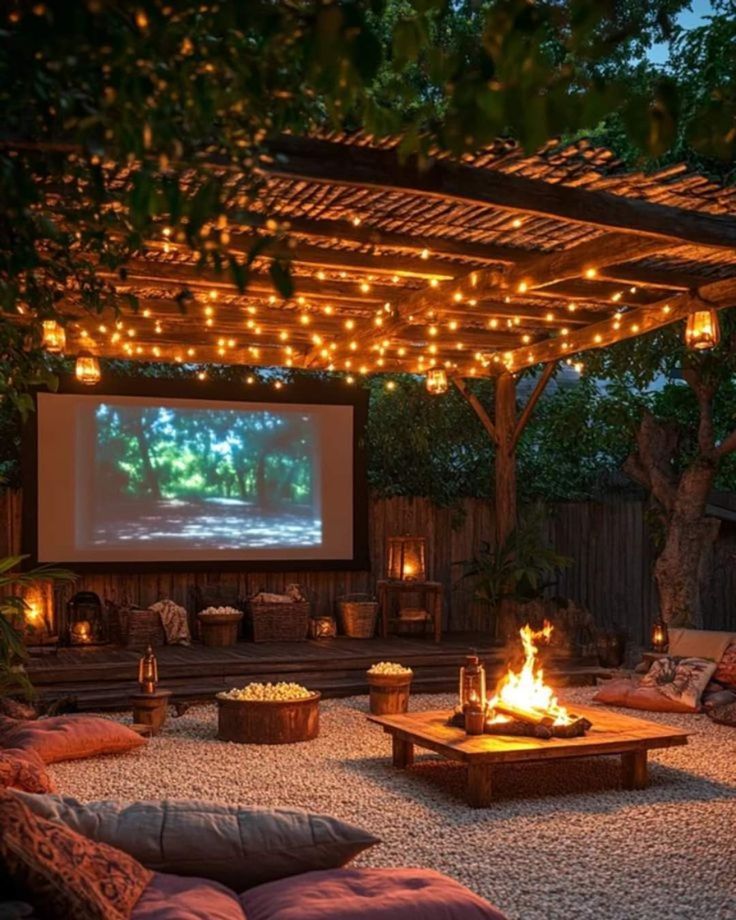 Cozy outdoor movie night setup with string lights, fire pit, cushions, and screen showing a forest scene.