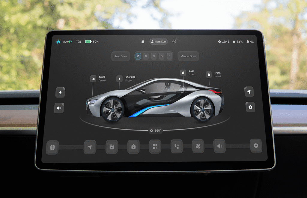 e1f87b20857654966f1628e3b83b Car dashboard touchscreen interface displaying a futuristic vehicle with controls for drive modes and charging status. | Sky Rye Design Car dashboard touchscreen interface displaying a futuristic vehicle with controls for drive modes and charging status.