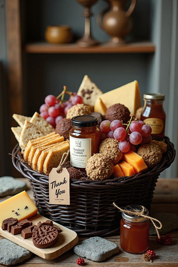 e252e3b9c7a0091c9e57b17040c7ee76 Gourmet gift basket with cheeses, crackers, jam, chocolates, and grapes labeled Thank You on a rustic table. | Sky Rye Design Gourmet gift basket with cheeses, crackers, jam, chocolates, and grapes labeled Thank You on a rustic table.