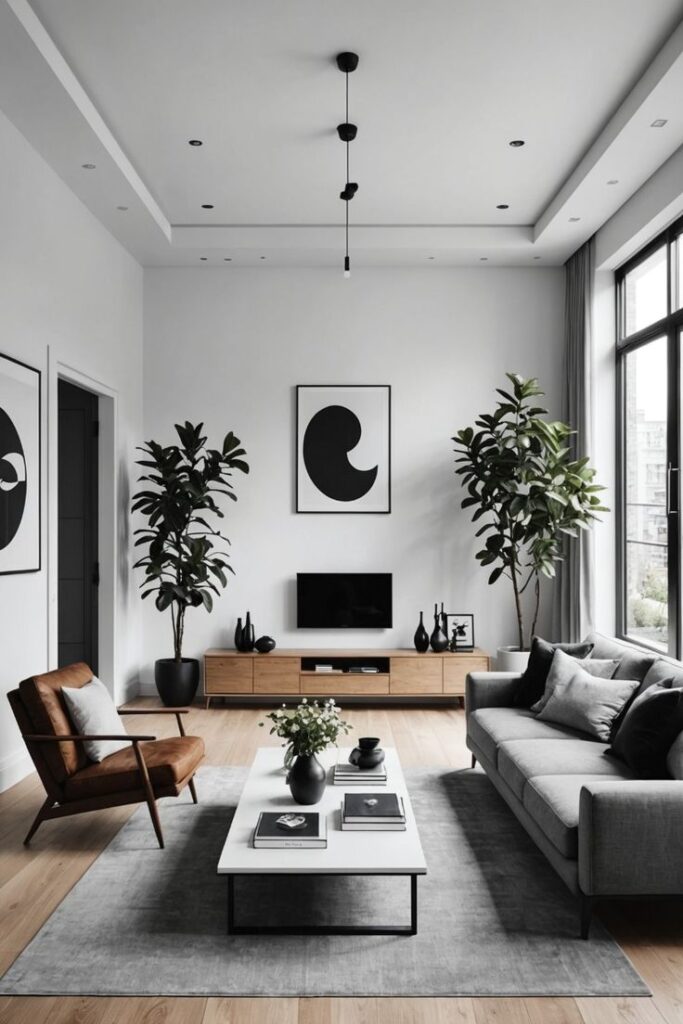 e26bcf80cbb1435316fda73d00060c50 Modern living room with minimalist decor, gray sofa, wooden accents, abstract art, and indoor plants for a serene ambiance. | Sky Rye Design Modern living room with minimalist decor, gray sofa, wooden accents, abstract art, and indoor plants for a serene ambiance.