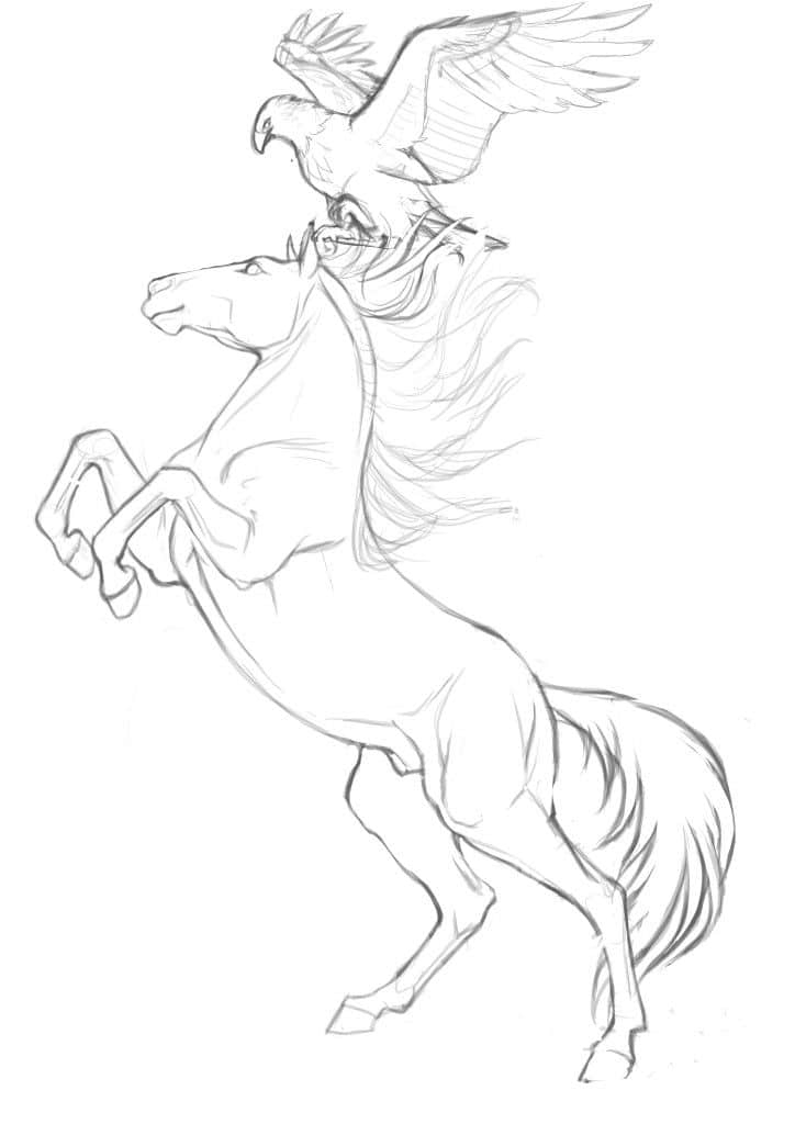 e2c9aa042ae8aa1aef1442c4496538af Sketch of a rearing horse with an eagle soaring above, capturing a dynamic and powerful scene. | Sky Rye Design Sketch of a rearing horse with an eagle soaring above, capturing a dynamic and powerful scene.