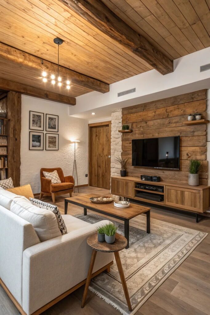 Rustic living room with wooden accents, cozy furniture, TV, and warm lighting for a welcoming atmosphere.