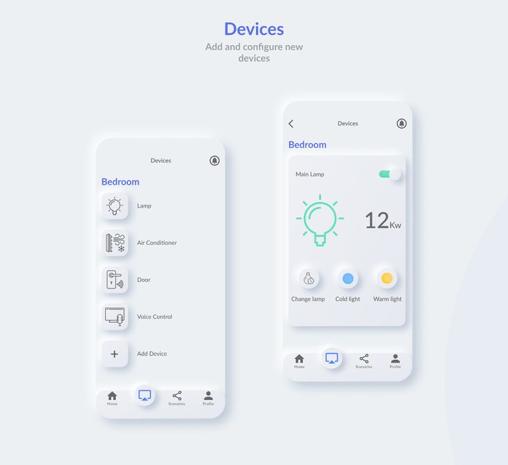 Smart home app interface for bedroom device control, featuring lamp settings and power usage.
