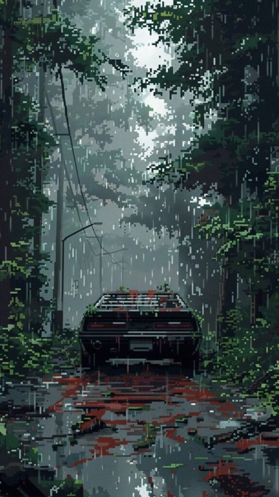 Pixel art of a classic car abandoned on a rainy forest road, surrounded by lush green trees and foliage.