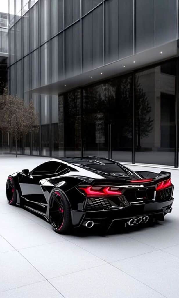 Sleek black sports car with glowing red taillights parked in modern, glass-walled urban setting.