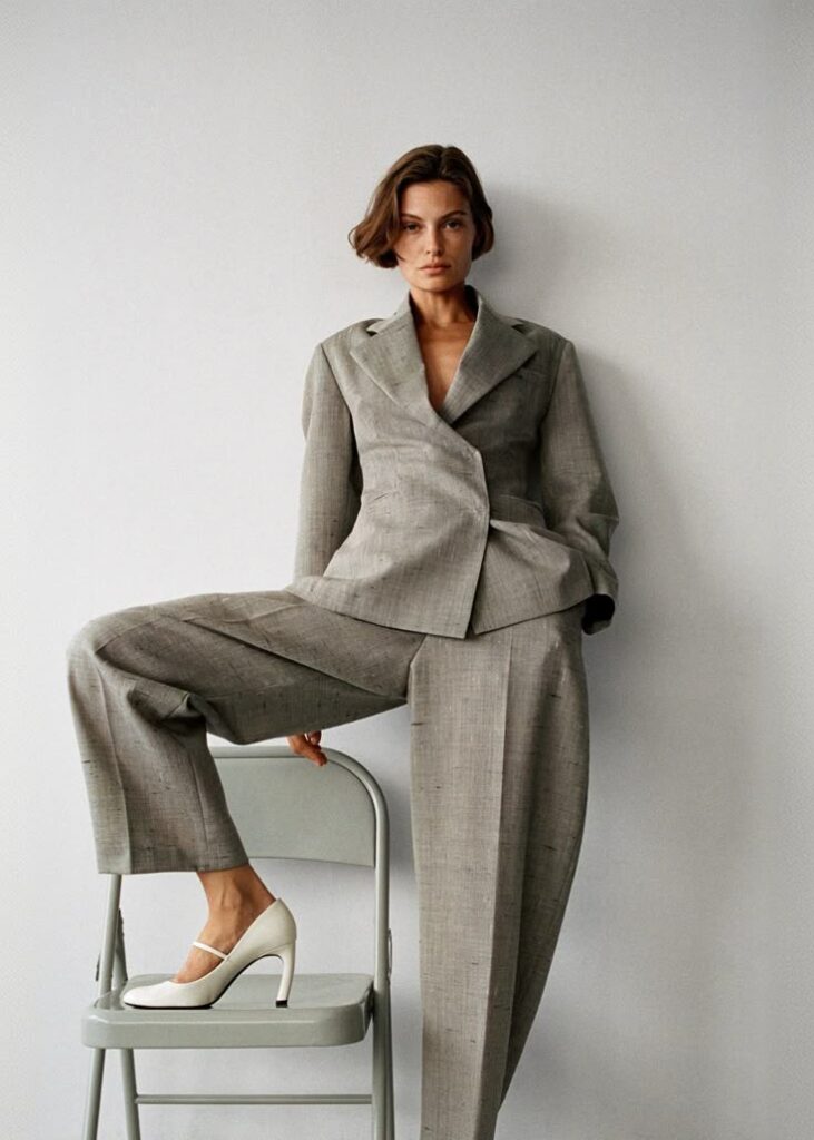 Woman in gray suit with one foot on chair, showcasing modern fashion style.