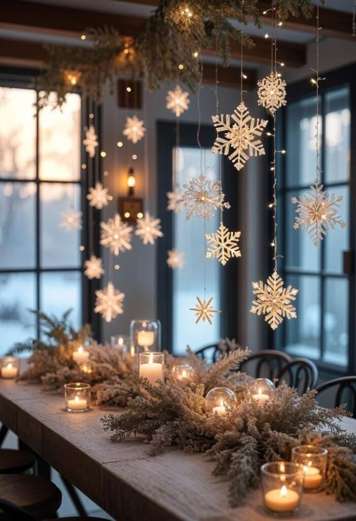 e8384da8-ff48-43c6-bfdc-ea080a67ec63 Festive dining table adorned with candles, greenery, and hanging snowflakes for a cozy winter ambiance. | Sky Rye Design Festive dining table adorned with candles, greenery, and hanging snowflakes for a cozy winter ambiance.