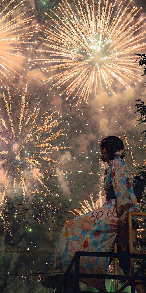 e8686219-4ac7-455b-b786-3adbac4c7525 Person in colorful kimono watching vibrant fireworks display at night, creating a festive and cultural atmosphere. | Sky Rye Design Person in colorful kimono watching vibrant fireworks display at night, creating a festive and cultural atmosphere.