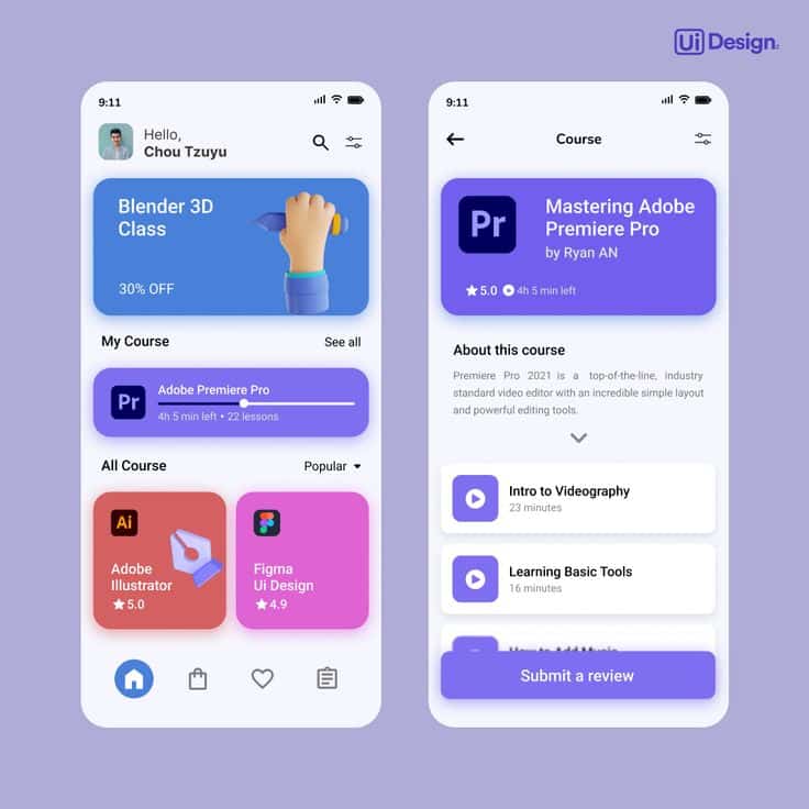 Mobile UI design showcasing online courses, including Blender 3D and Adobe Premiere Pro, with ratings and reviews.