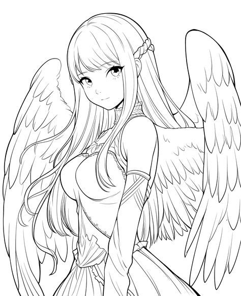 Anime-style angel with long hair and wings, wearing an elegant dress. Black and white line art illustration.