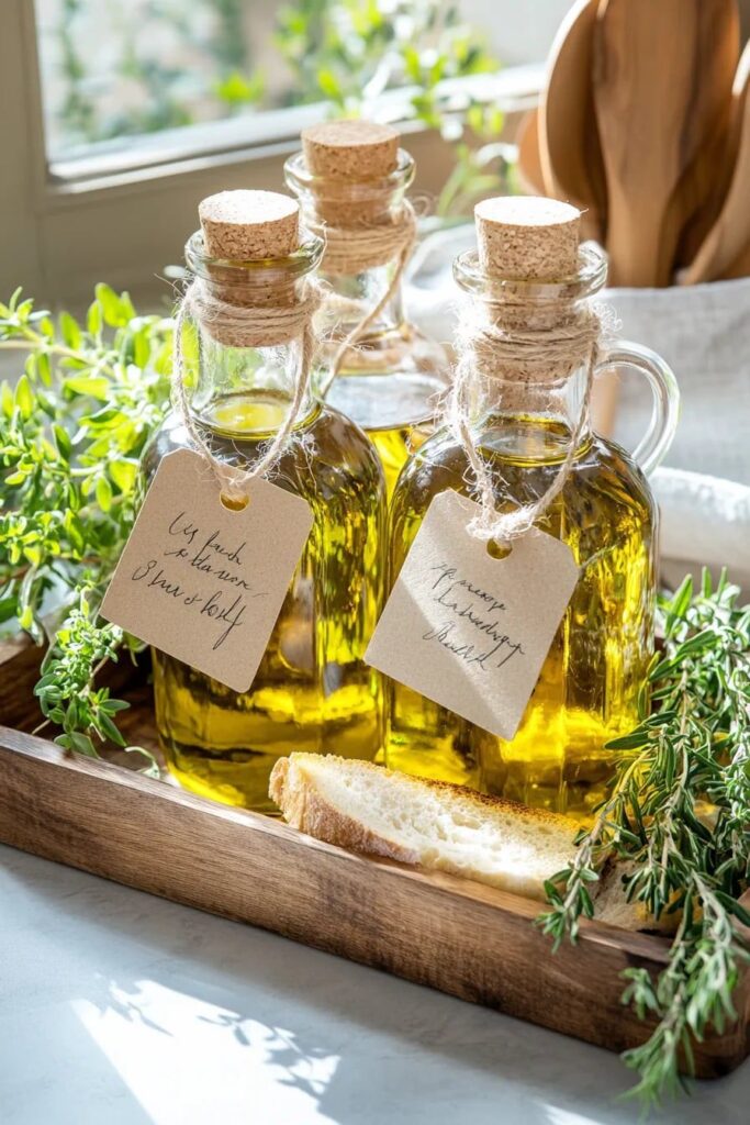 Bottles of olive oil with herbs and bread in sunlight, perfect for a fresh, natural kitchen aesthetic.