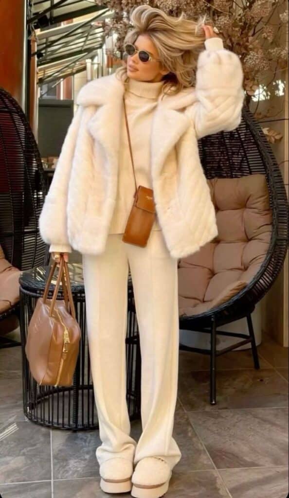ea691039-b785-45dd-bccd-85020633a9fc Stylish woman in cozy white outfit with sunglasses, standing and holding a brown bag. | Sky Rye Design Stylish woman in cozy white outfit with sunglasses, standing and holding a brown bag.