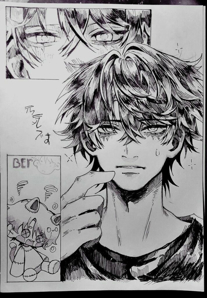 Black-and-white manga illustration of an emotional character with expressive eyes and detailed hair, sweating slightly.
