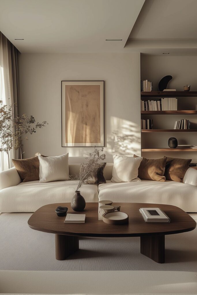 eae1b4ccaf21bb894dc12ac0e5c61b8c Minimalist living room with a white sofa, wooden coffee table, abstract art, and bookshelves. Cozy, modern decor. | Sky Rye Design Minimalist living room with a white sofa, wooden coffee table, abstract art, and bookshelves. Cozy, modern decor.