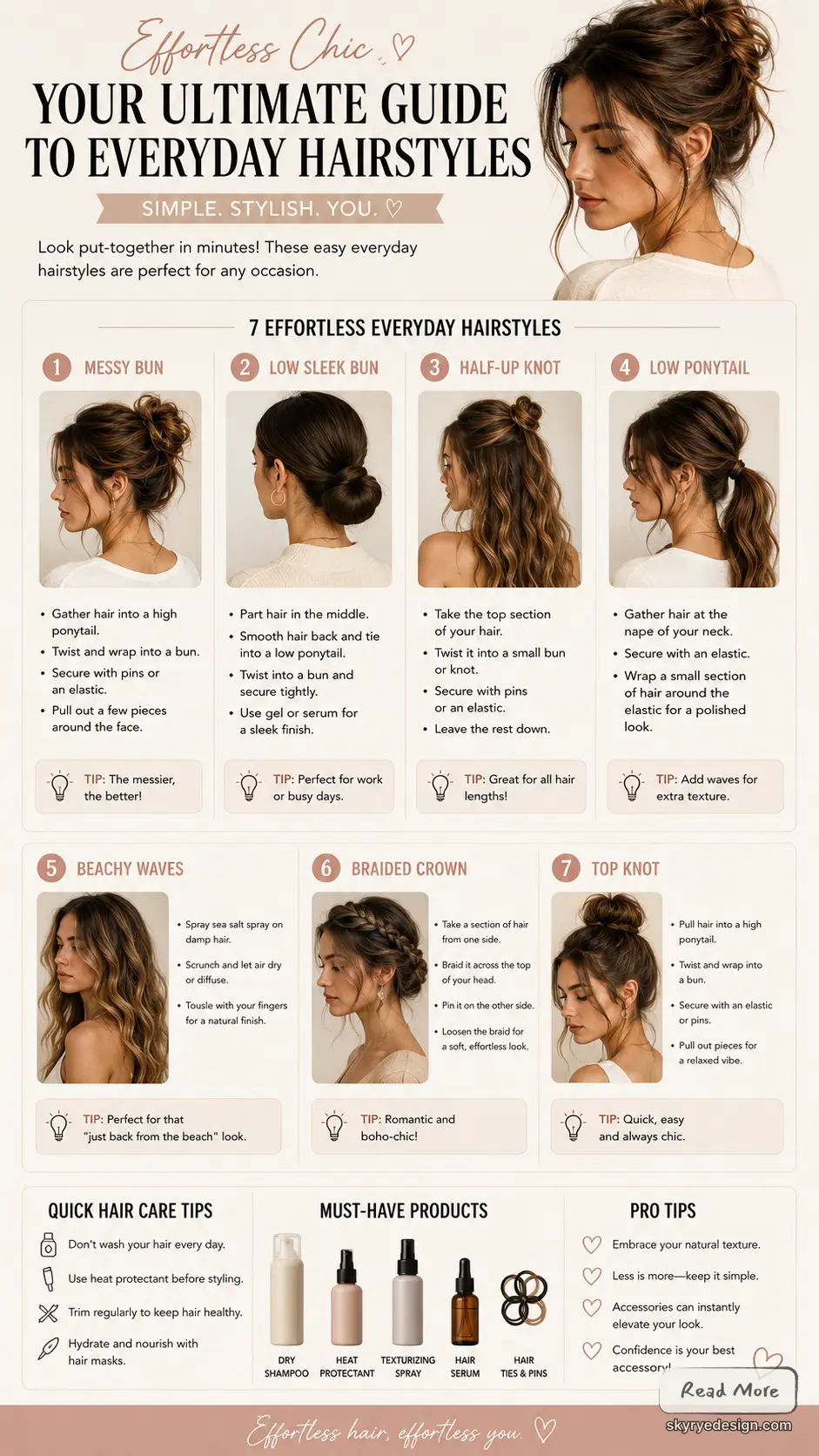 89bbde8f-f84a-4853-a6cb-19f73750edab 7 effortless everyday hairstyles: messy bun, low sleek bun, half-up knot, low ponytail, beachy waves, braided crown, top knot | Sky Rye Design 7 effortless everyday hairstyles: messy bun, low sleek bun, half-up knot, low ponytail, beachy waves, braided crown, top knot