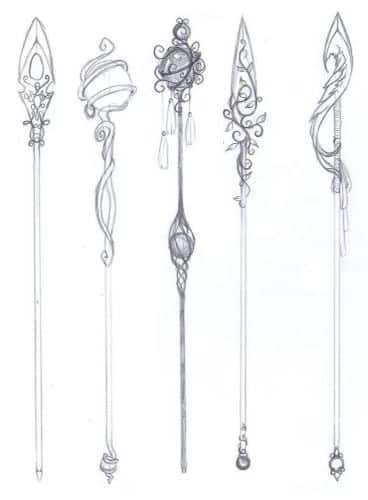 Intricately designed fantasy magic wands concept art with elegant details and creative ornamentation.