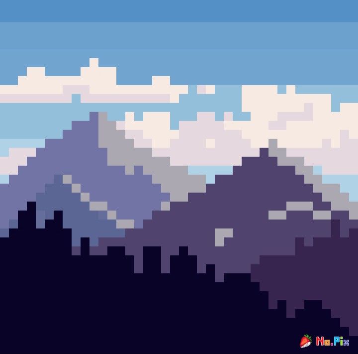 Pixel art of a serene mountain landscape with a blue sky and scattered clouds.