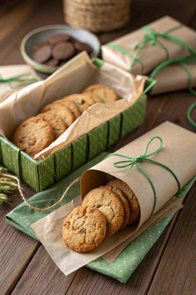 Rustic gift-wrapped cookies in brown paper with green twine on a wooden table, perfect for holiday treats.