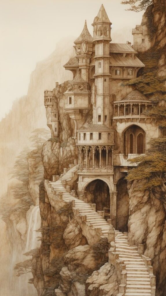 Fantasy castle on a cliff with winding staircase and waterfall, sepia-toned illustration.