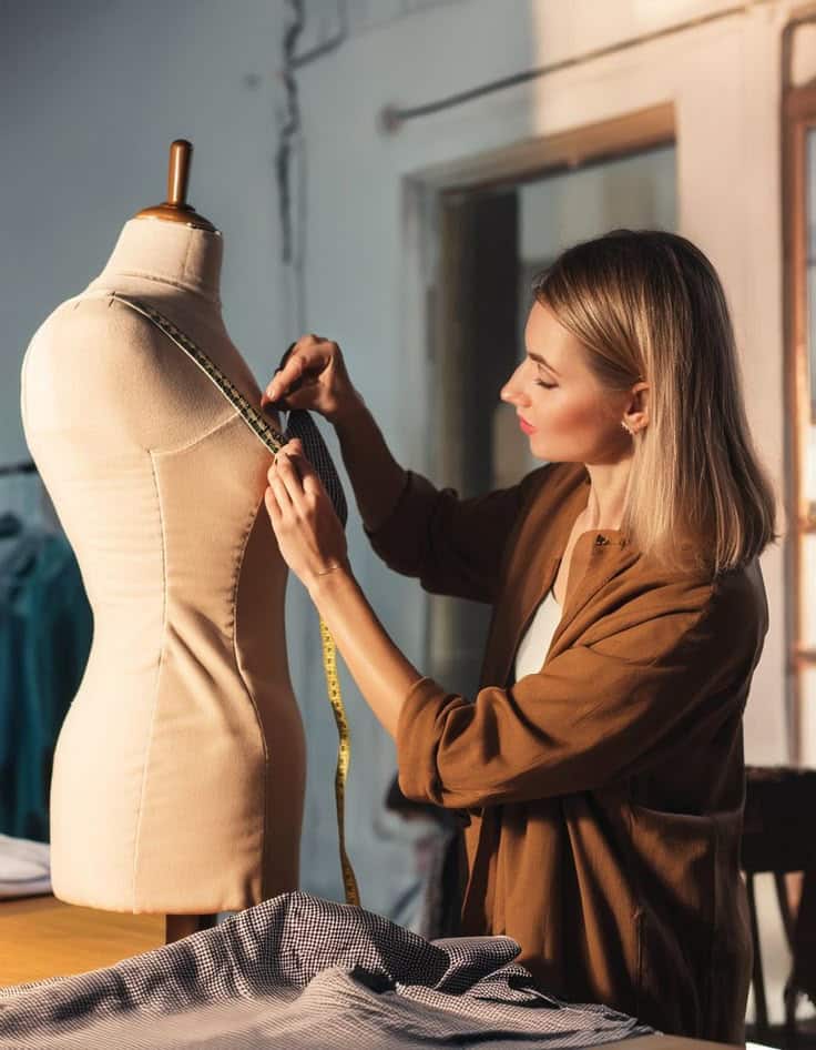 ee1d1d59-4dad-4f2b-a288-776cdea1517a Fashion designer measuring dress form with tape in studio, focused on tailoring. | Sky Rye Design Fashion designer measuring dress form with tape in studio, focused on tailoring.