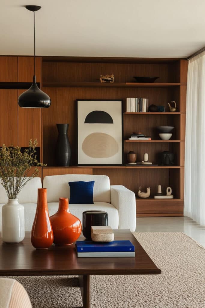 ee423c3936c421066cd52e4b3c613147 Modern living room with white sofa, wooden shelves, abstract art, and orange vases on a coffee table. | Sky Rye Design Modern living room with white sofa, wooden shelves, abstract art, and orange vases on a coffee table.