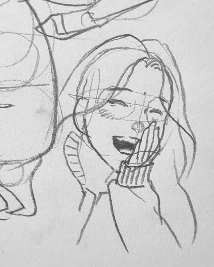 ee942b8782c34a5ef1e5d299dfa73756 Pencil sketch of a smiling person holding their hand to their face, wearing a sweater. | Sky Rye Design Pencil sketch of a smiling person holding their hand to their face, wearing a sweater.