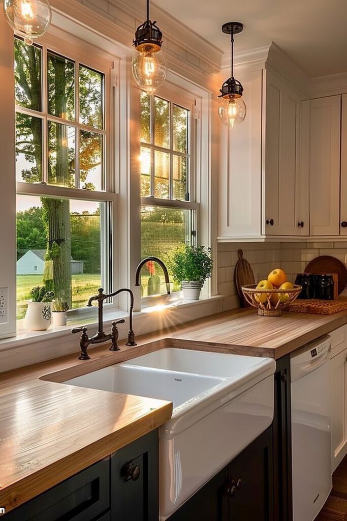 Warm, sunlit farmhouse kitchen with rustic sink and wooden countertops, featuring fresh herbs and hanging lights.