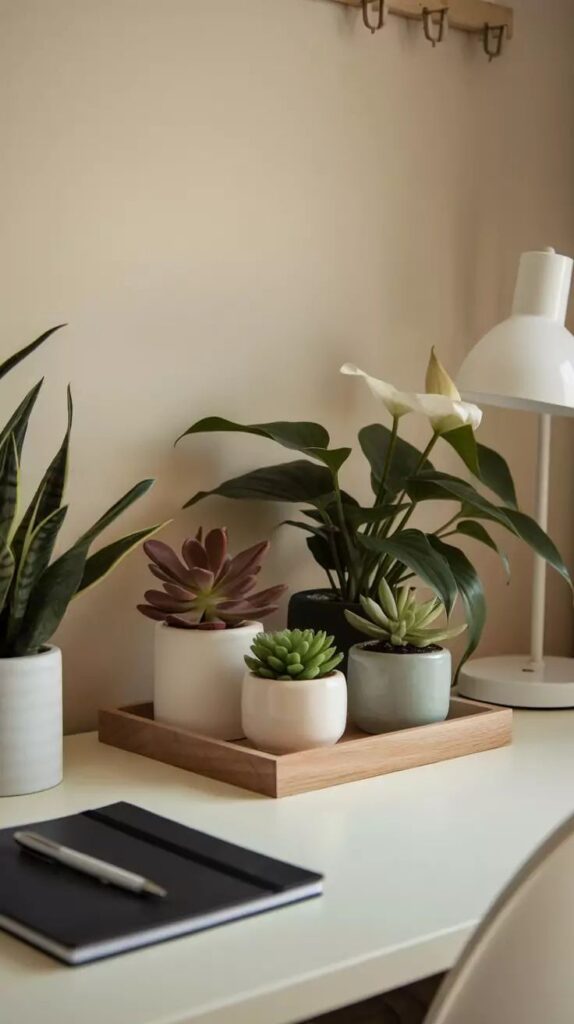eec036b73e6ce6d01b4f8700439c93e2 Potted plants and notepad on a desk with a modern lamp, creating a cozy and productive workspace. | Sky Rye Design Potted plants and notepad on a desk with a modern lamp, creating a cozy and productive workspace.