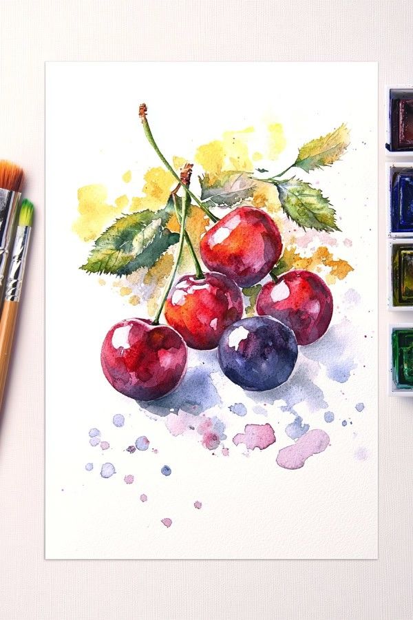 Watercolor cherries painting with green leaves, watercolor paint set and brushes on the side.