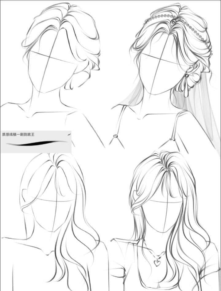 ef667bb128da59d04563f1287559cfda Four fashion hairstyle sketches featuring diverse styles, including updos and flowing hair, ideal for design inspiration. | Sky Rye Design Four fashion hairstyle sketches featuring diverse styles, including updos and flowing hair, ideal for design inspiration.