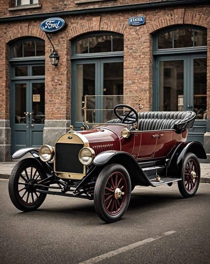 Vintage red Ford car parked in front of a brick building with blue doors, showcasing classic automotive design.