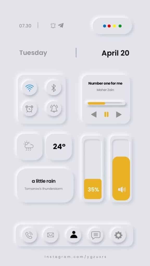Minimalist phone interface mockup with widget controls, weather update, and media playback for April 20, Tuesday.