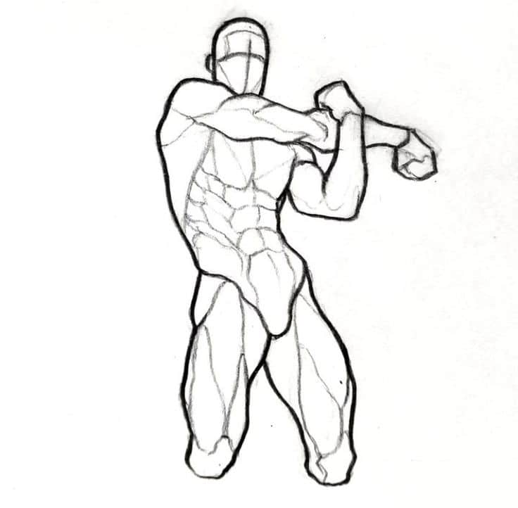 Sketch of a muscular human figure stretching arms, showcasing detailed muscle anatomy.