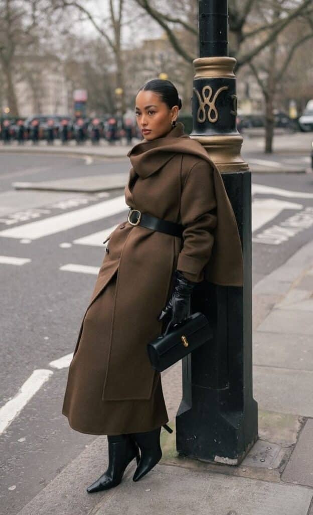 eff284e0-bf26-425c-bee4-2d238d3edba8 Stylish woman in brown coat with black accessories leaning on a lamppost on a city street. | Sky Rye Design Stylish woman in brown coat with black accessories leaning on a lamppost on a city street.