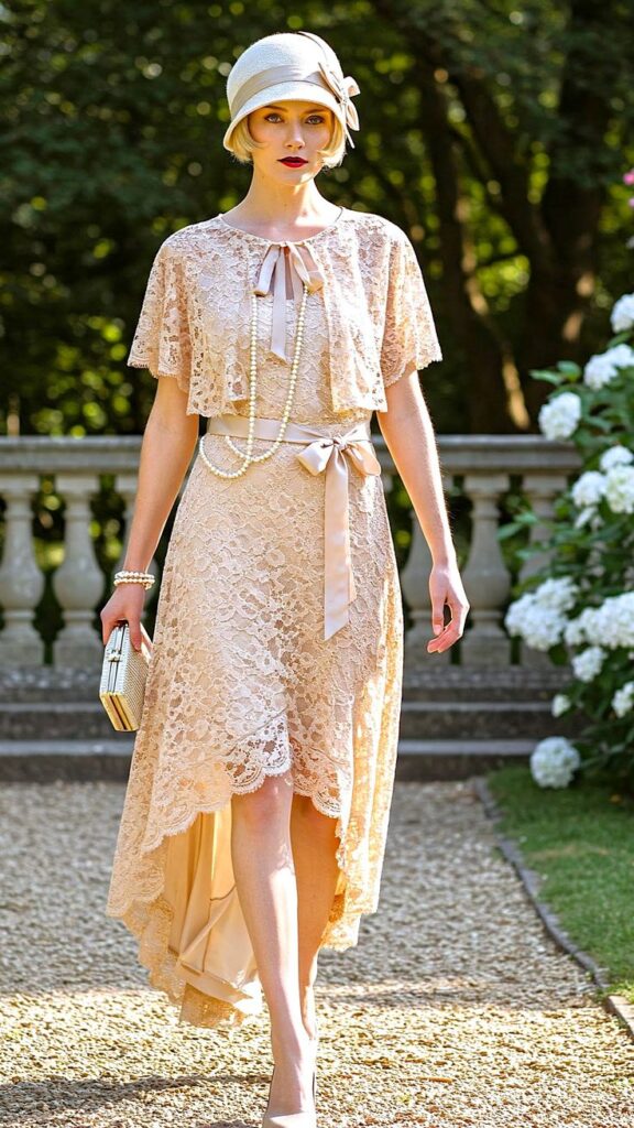 Woman in vintage lace dress and cloche hat walking in garden, holding clutch, pearls draped, elegant fashion style.