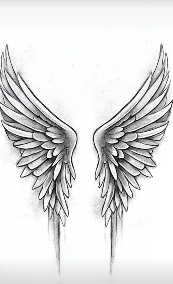 Pencil drawing of detailed, symmetrical angel wings, perfect for tattoo inspiration or spiritual artwork concepts.
