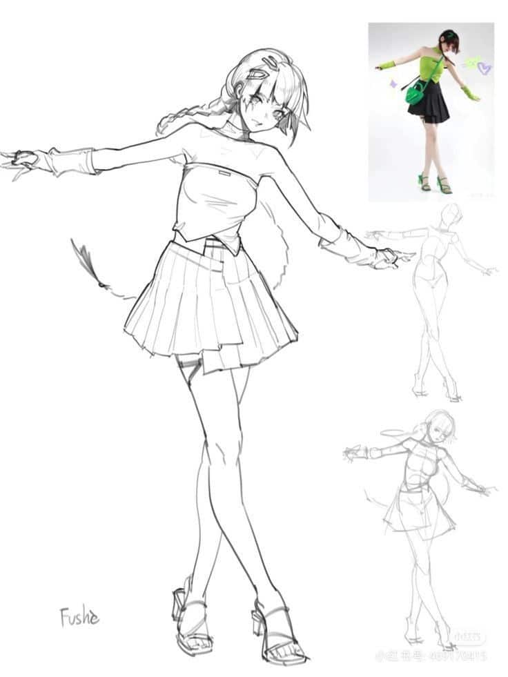 Anime character sketch with full-body pose, wearing a pleated skirt and long sleeves, referencing a colorful cosplay.