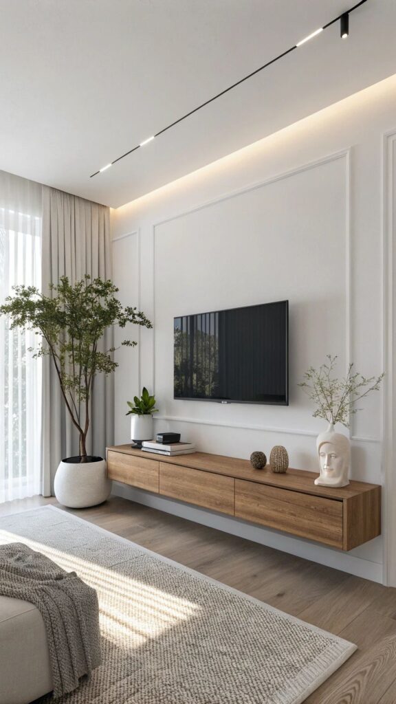 f0a1d08b660c932cb80cf453e855e0b7 Modern living room with wall-mounted TV, wooden console, potted plants, and minimalist decor. | Sky Rye Design Modern living room with wall-mounted TV, wooden console, potted plants, and minimalist decor.