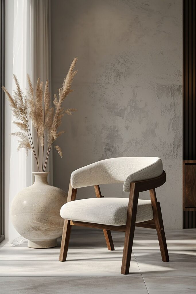 f16193c408cb2fea69126599c8f1de24 Modern chair in a minimalist room with pampas grass in a vase by a large window. | Sky Rye Design Modern chair in a minimalist room with pampas grass in a vase by a large window.