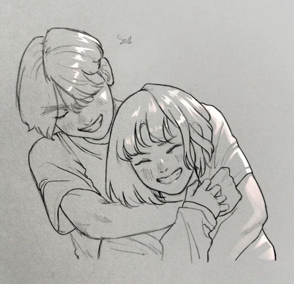 f1b4634d4ee2bfffd15d1148fae22053 Cute anime-style couple hugging and smiling in a sketch drawing. | Sky Rye Design Cute anime-style couple hugging and smiling in a sketch drawing.