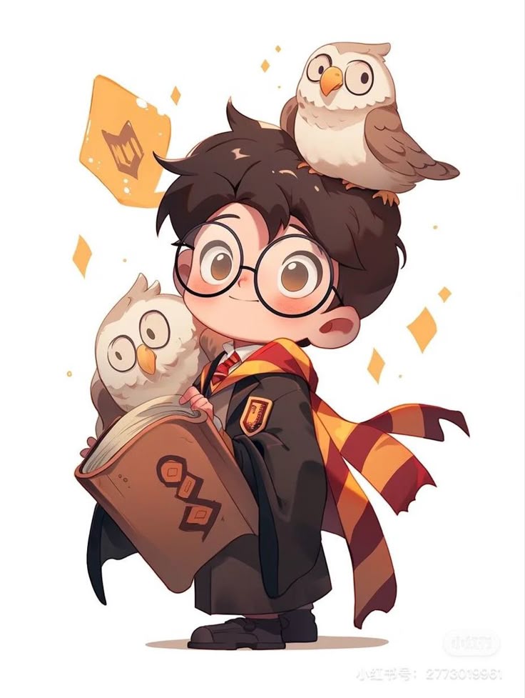 f1cb8119-fbac-4bba-8e30-aa9ec25b7b55 Cute chibi wizard character wearing glasses and robe, holding a book with owls on his shoulder and arm. | Sky Rye Design Cute chibi wizard character wearing glasses and robe, holding a book with owls on his shoulder and arm.