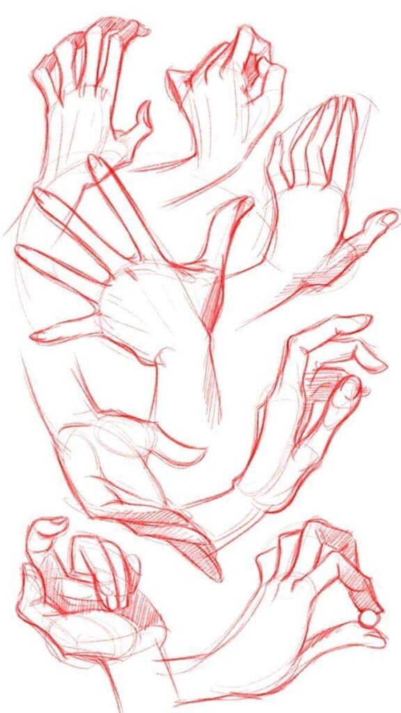 Sketch of various hand positions in red pencil, showcasing diverse gestures and forms for artistic anatomy practice.
