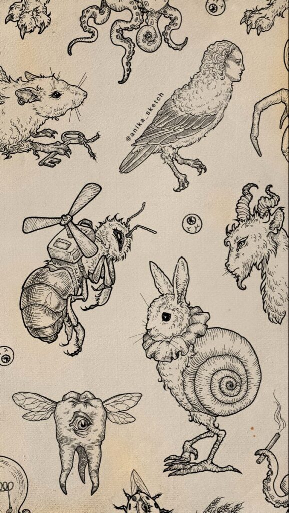 f24adce0937649eb56f0192a61f4f4a4 Intricate ink drawings of fantastical hybrid creatures, blending animals and human features in a surreal style. | Sky Rye Design Intricate ink drawings of fantastical hybrid creatures, blending animals and human features in a surreal style.