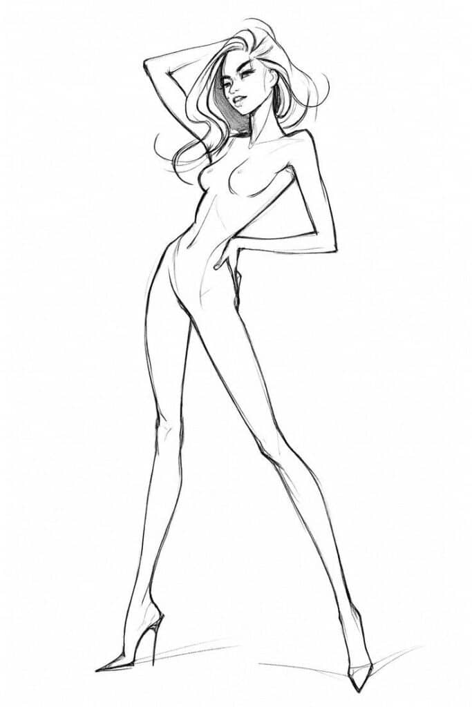 Stylish sketch of a confident woman in a striking pose, exuding elegance and modern fashion.