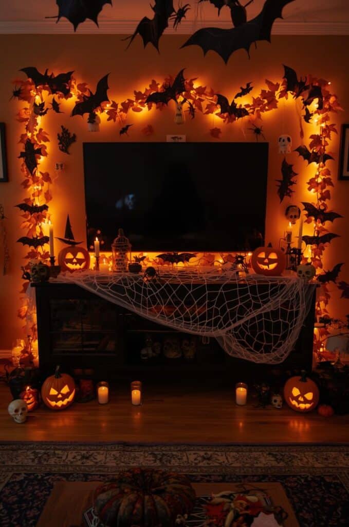 f2ea30b34f8226a5782d0b0c32c483fc Halloween-themed living room decor with glowing pumpkins, bats, and spider webs around a TV stand. | Sky Rye Design Halloween-themed living room decor with glowing pumpkins, bats, and spider webs around a TV stand.