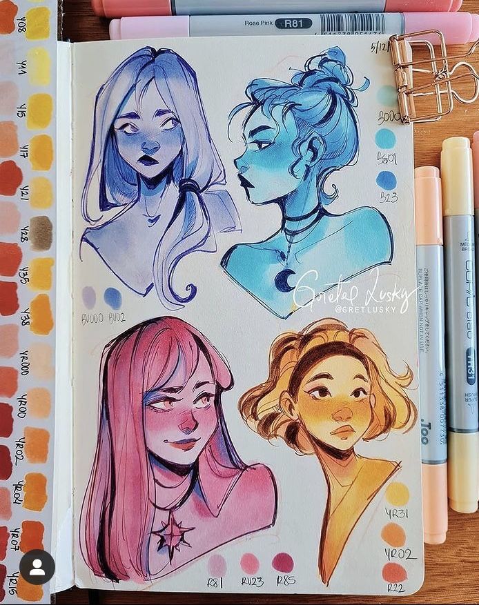 Colorful sketchbook page featuring four artistic portraits in various shades with art supplies in the background.